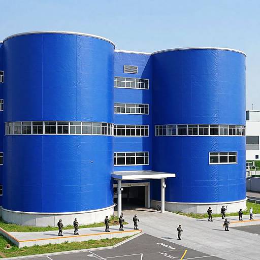 Photograph of a modern, blue cylindrical building with white window frames, entrance canopy, and small groups of people walking on the paved driveway under a clear