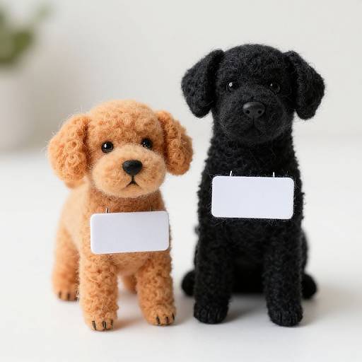 Photograph of two plush puppies; one tan with black eyes and one black with white eyes, both holding blank white tags.