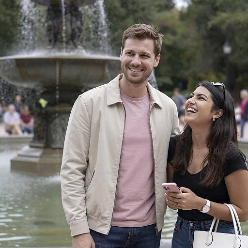 Smiling Couple at Park Fountain