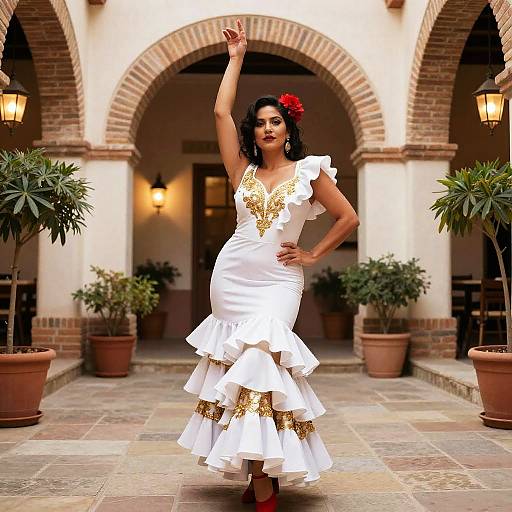 Confident Flamenco Woman in Mediterranean Courtyard