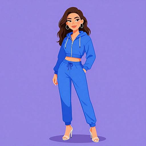 Digital illustration of a confident woman with long brown hair, wearing a blue hoodie and matching joggers, white high heels, large hoop earrings, and a