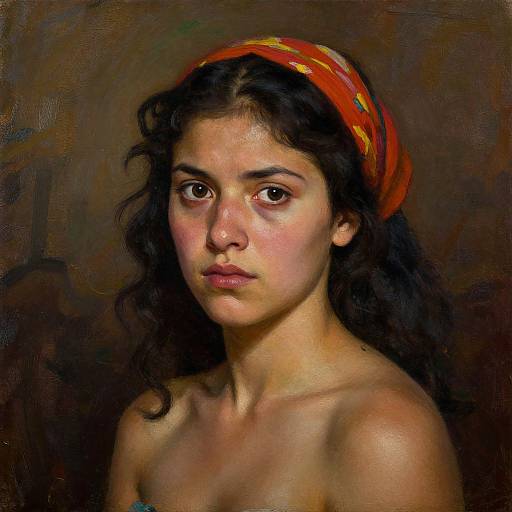 Digital painting of a young woman with olive skin, dark curly hair, and a red headscarf, gazing solemnly, topless against a