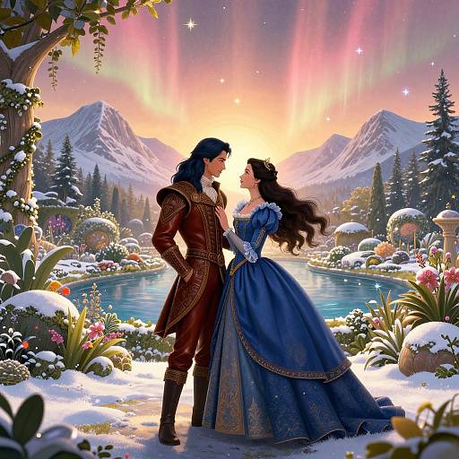 Digital art: Snowy, sunlit garden with mountains, couple in Victorian attire, man in brown coat, woman in blue dress, facing each other