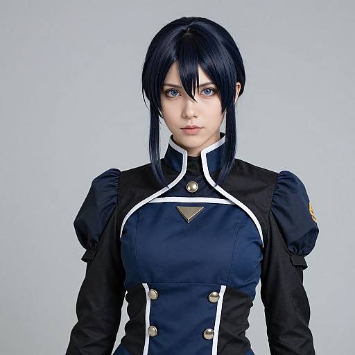 CGI portrait of a young woman with blue eyes, black hair, and a military-style black uniform with white accents and gold buttons.