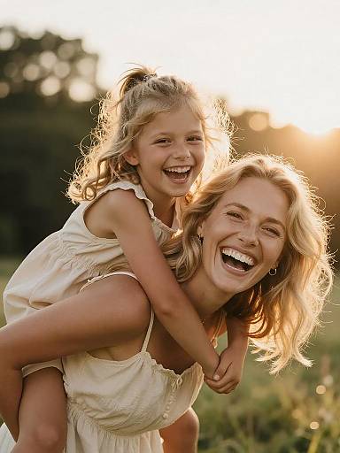 Joyful Mother Carrying Daughter Outdoors