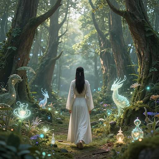 Digital art: Enchanting forest scene with a woman in a flowing white dress, long black hair, surrounded by glowing fairy lights and ethereal creatures
