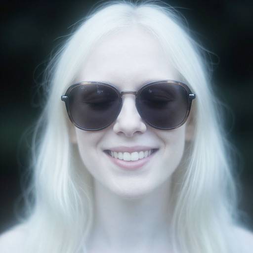 Photograph of a smiling woman with long, white hair, wearing dark aviator sunglasses, against a black background. Overexposed light highlights her hair
