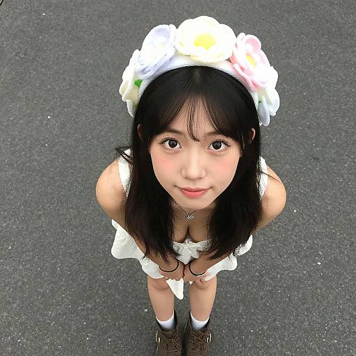 Photograph of an Asian woman with long black hair, wearing a white floral headband, dress, and white socks, looking up from a gray asphalt