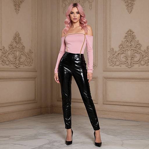 Photograph of a woman with pink wavy hair, wearing a pink off-shoulder top and black glossy vinyl pants, standing in an ornate