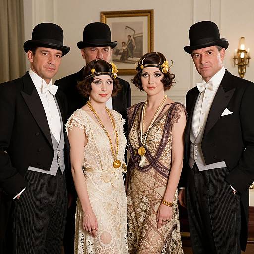 Photograph of four men in black tuxedos and bowler hats, flanking two women in vintage, beaded dresses with headpieces,
