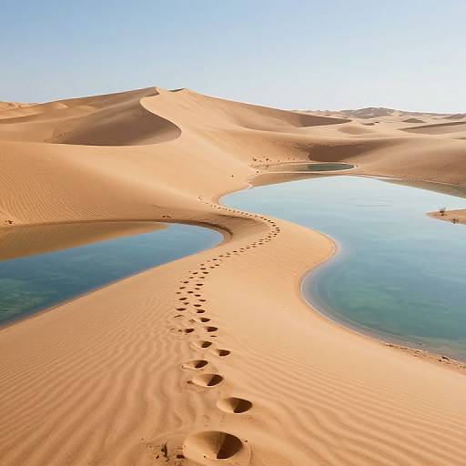 Photograph of a desert landscape with rippled orange sand dunes, a winding trail of footprints leading to a clear blue waterhole under a bright