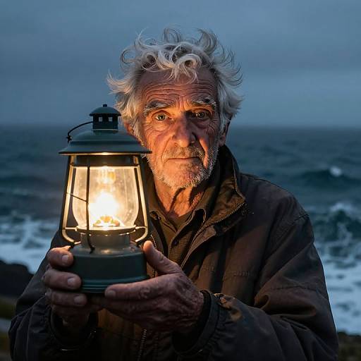 Photograph of an elderly man with white curly hair and beard, holding a glowing lantern, standing by a stormy ocean at dusk.