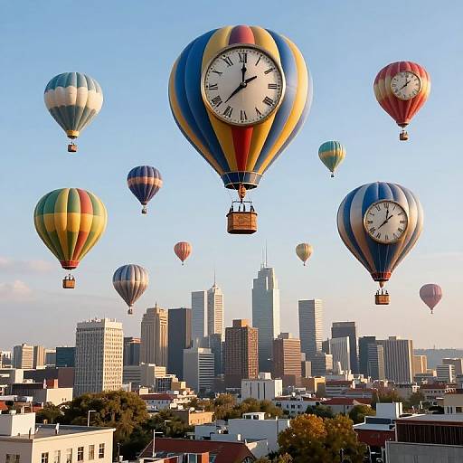 Photograph of colorful hot air balloons with clock designs over a city skyline, featuring modern skyscrapers and smaller buildings. Bright blue sky.
