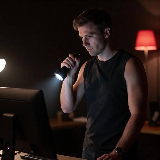 Focused Man in Dark Room with Flashlight