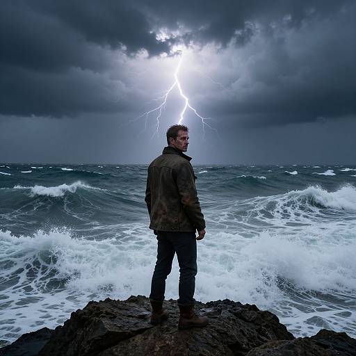 Photograph of a man in a dark jacket standing on rocky shore, facing stormy ocean with lightning bolt striking above him.
