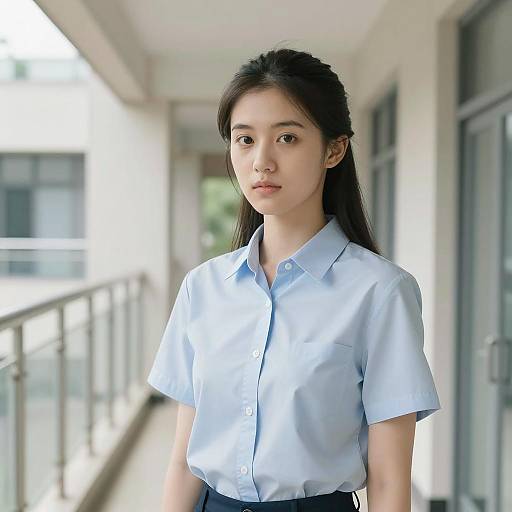 Young Woman in Blue Shirt Standing in Modern Hallway