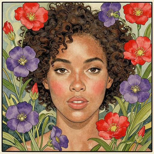 Digital portrait of a curly-haired woman with brown skin, surrounded by vibrant red and purple flowers, featuring realistic textures and rich colors.