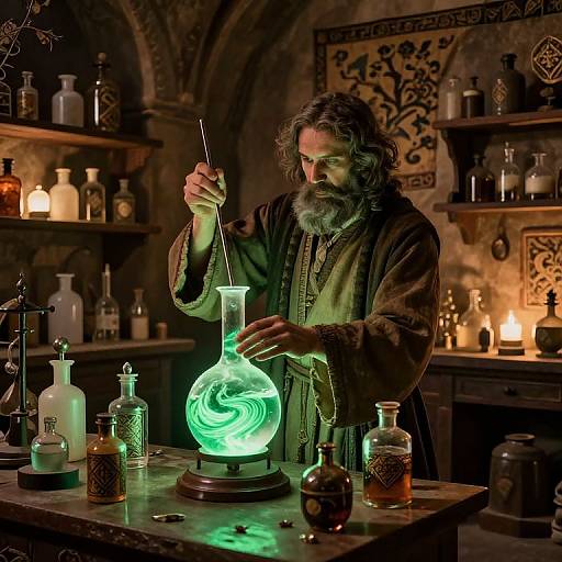 Photorealistic digital art of a bearded, long-haired wizard with a green glowing alchemical flask in a dimly lit, medieval-style laboratory.