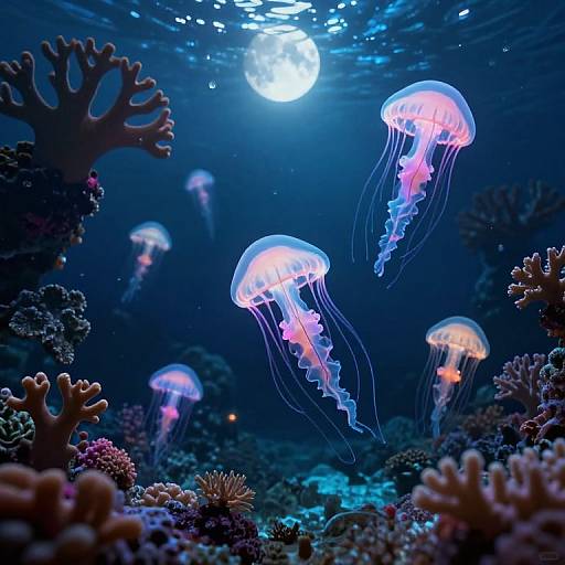 Photograph of glowing jellyfish with pink and blue hues, floating above a vibrant underwater coral reef, illuminated by a bright moon above.