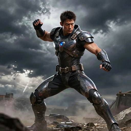 Photorealistic digital artwork of a muscular, dark-haired superhero in black, metallic armor with a glowing blue emblem, poised in a powerful stance against a