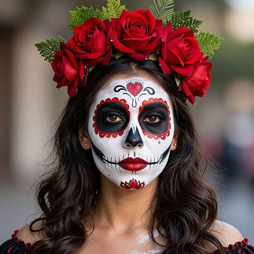 Photograph of a woman with white and red Day of the Dead face paint, black eye makeup, red lipstick, wearing a red rose flower crown,