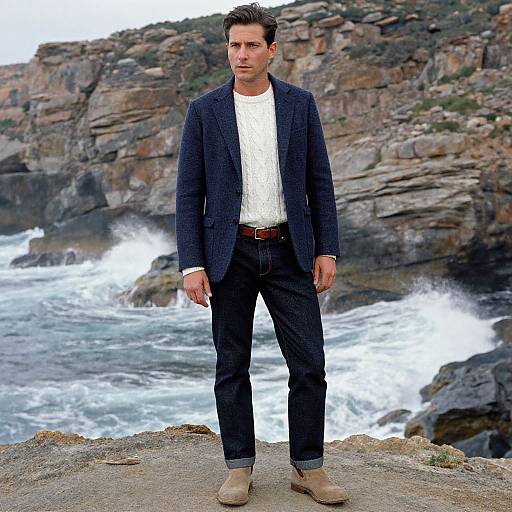 Photograph of a handsome man with short dark hair, wearing a navy blazer, white knit shirt, dark jeans, and beige boots, standing on