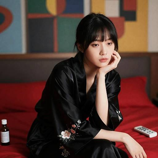 Contemplative Asian Woman in Silk Robe