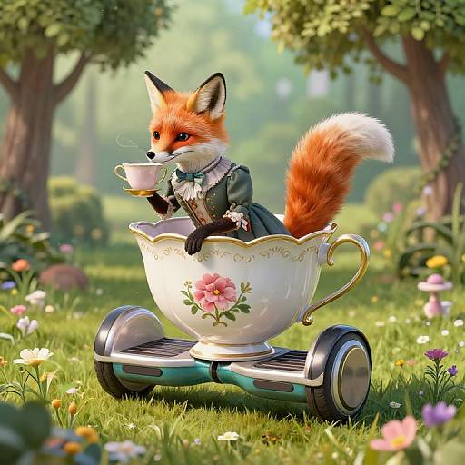 Digital artwork of an anthropomorphic fox in a Victorian dress, tea cup with wheels, holding a teacup, in a sunlit, floral garden
