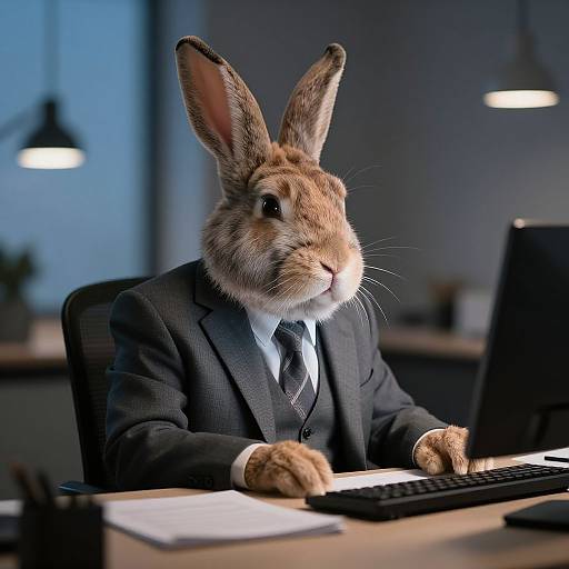 Photograph of a realistic anthropomorphic rabbit in a black suit and tie, sitting at an office desk with a computer, under two hanging lights.