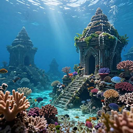Photograph of an underwater scene featuring two ancient, ruined temples covered in greenery, surrounded by vibrant coral reefs and colorful fish, with sunlight streaming from