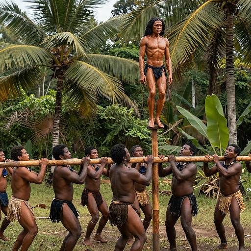Tropical Forest Procession: Men Carrying Effigy