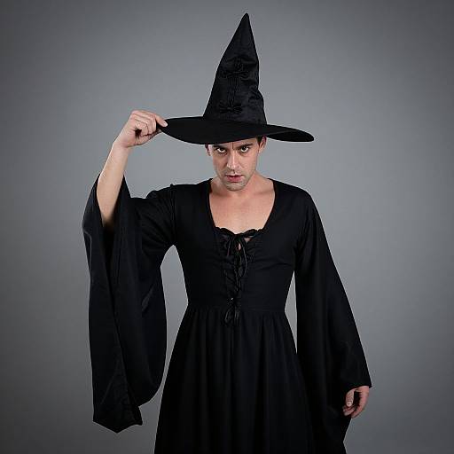 Photograph of a serious-looking woman in a black witch costume, including a pointed hat, adjusting it with her right hand, against a gradient gray background