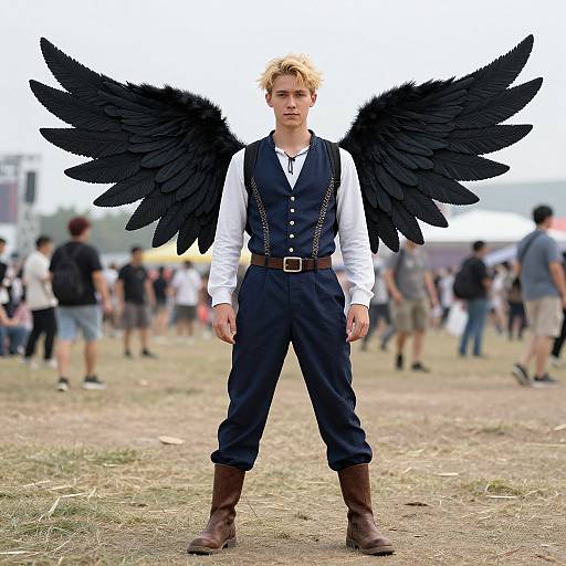 Photograph of a blond man with black feathered wings, wearing a white shirt, navy vest, and brown boots, standing in a grassy outdoor