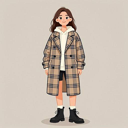 Smiling Woman in Oversized Plaid Coat
