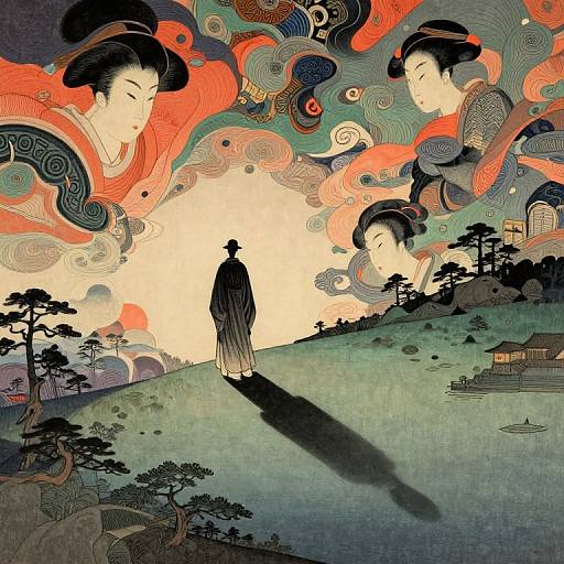 Whimsical digital artwork featuring a lone figure in traditional Japanese attire, shadowed on a hill, surrounded by swirling colorful clouds with serene, ethereal