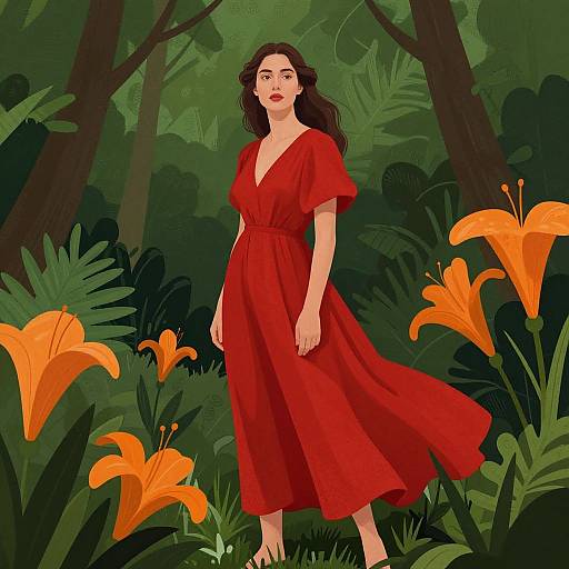 Illustration of a fair-skinned woman with long brown hair, wearing a flowing red dress, standing in a lush, green forest with tall trees and