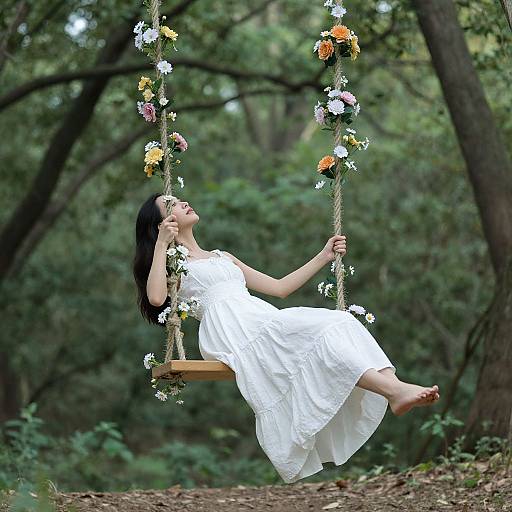 Photograph of a woman with dark hair in a white dress, reclining on a floral-decorated swing in a lush, green forest.