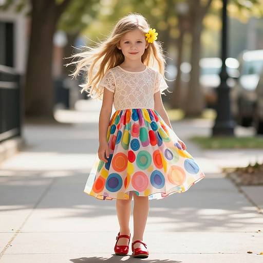 Photograph of a young blonde girl with a yellow flower in her hair, wearing a white lace top and colorful polka dot skirt, standing on a