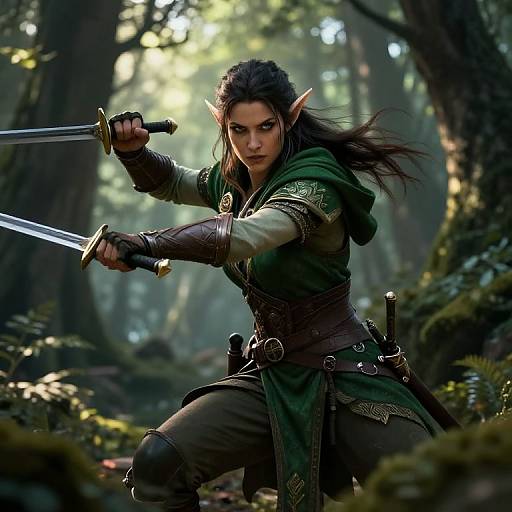 Digital artwork of an elf warrior with dark hair, green cloak, and pointed ears, wielding two swords in a sunlit forest. Intense expression,