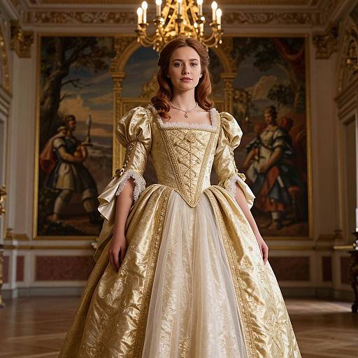 Photograph of a young woman with fair skin and auburn hair, wearing an elaborate, gold and white Renaissance-style gown, standing in an op