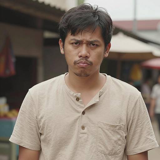 Serious Young Asian Man in Beige Henley Shirt