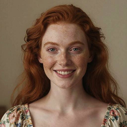 Photograph of a smiling, fair-skinned, red-haired woman with freckles, wearing a floral blouse, against a plain beige background.