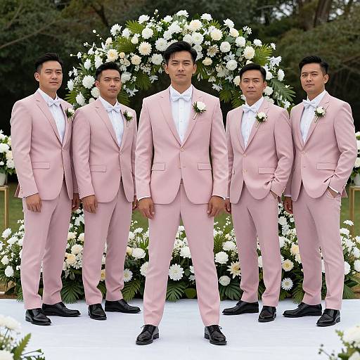 Photograph of five Asian men in pastel pink suits, white shirts, and black shoes, standing in front of a white floral arch.