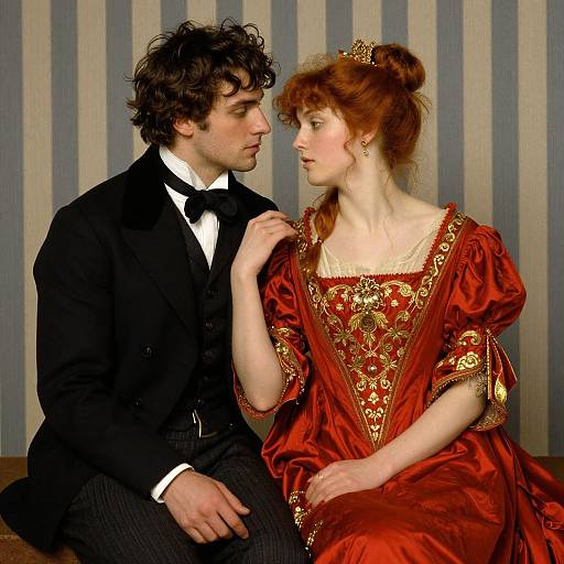 Photograph of a curly-haired man in a black suit and bow tie, gazing at a red-dressed woman with a tiara, against striped