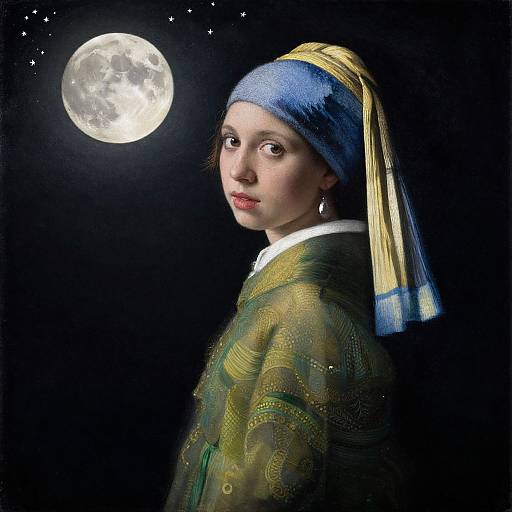 Photorealistic digital painting of a young woman with pale skin, blue headscarf, yellow-green patterned dress, looking at a bright full moon