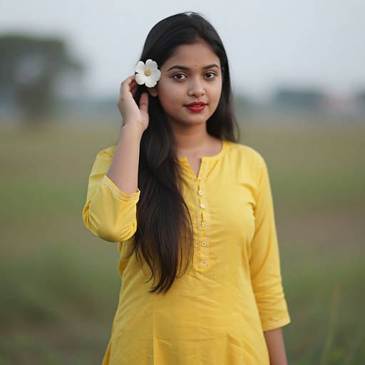 Photograph of a young Indian woman with long black hair, wearing a yellow kurta, holding a white flower in her hair, standing in a blurred