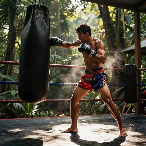 Photograph of a muscular, tan-skinned male boxer punching a black punching bag in a sunlit, tropical outdoor boxing ring. Sweat and sunlight create