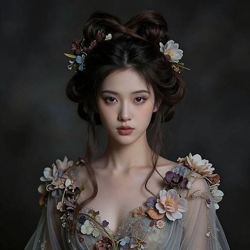 Digital portrait of an Asian woman with fair skin, dark hair in an updo, wearing a sheer, floral-adorned dress against a dark background