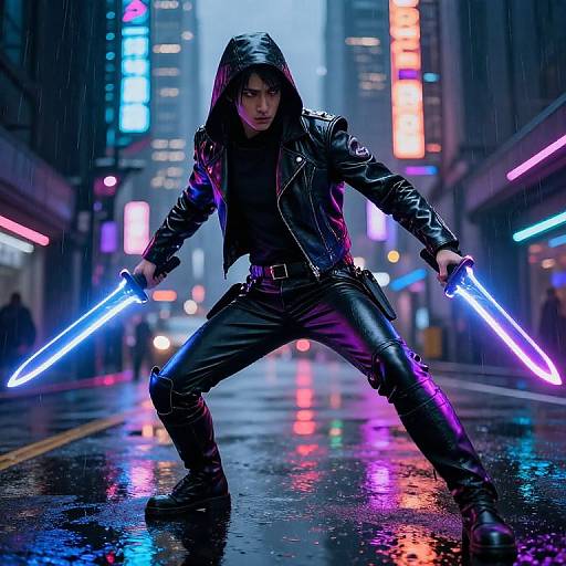 Photorealistic CGI of a hooded, leather-clad figure wielding neon blue lightsabers in a rainy, neon-lit city street. Dynamic