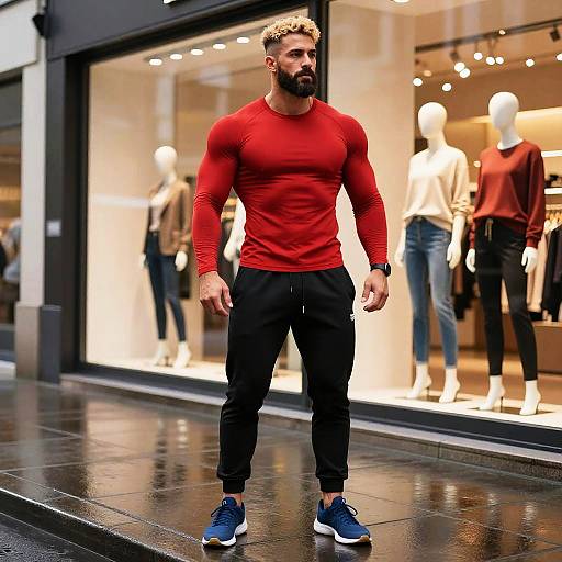 Photograph of a muscular, bearded man with curly hair wearing a red long-sleeve shirt, black pants, and blue sneakers, standing on